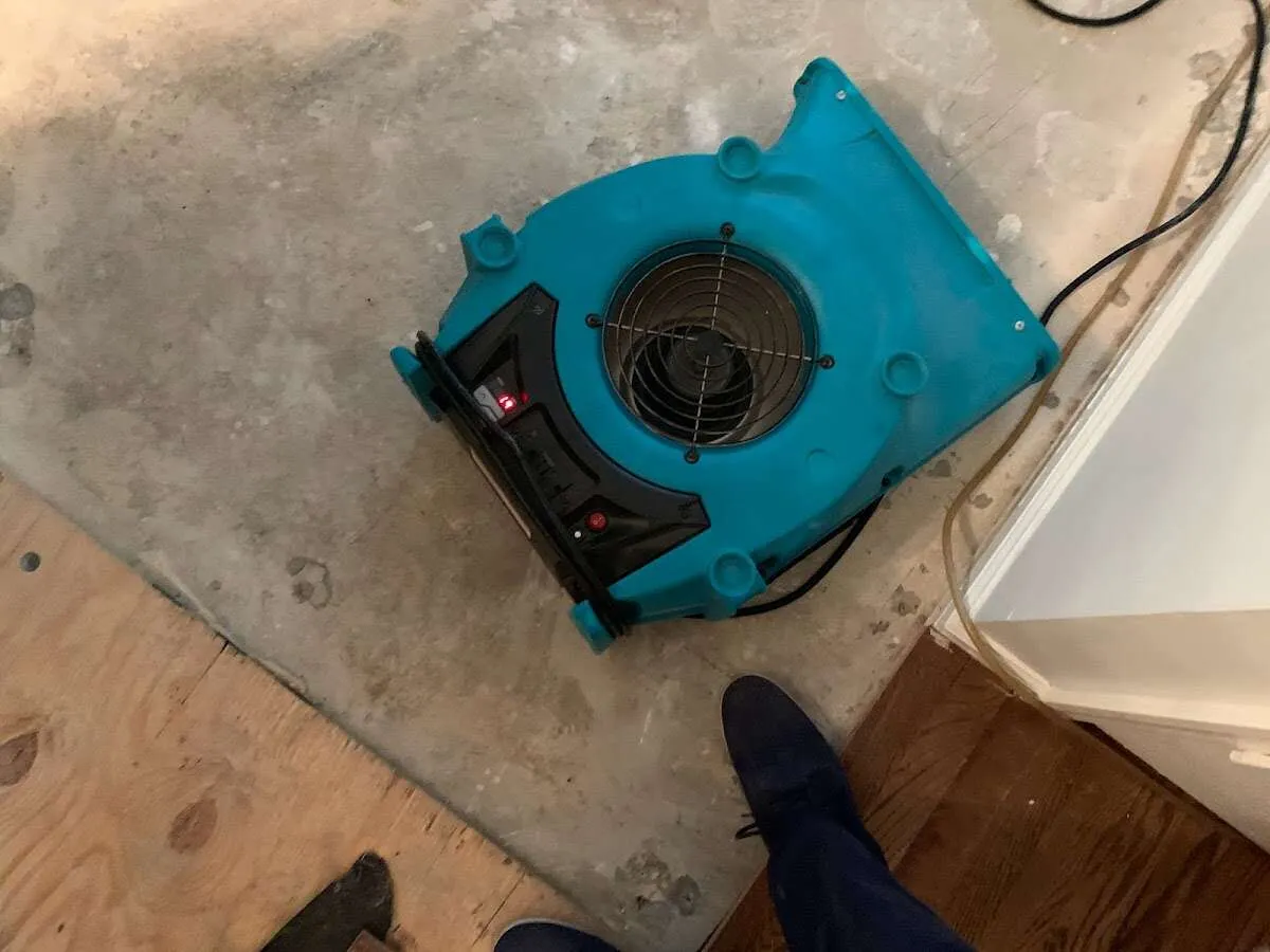Air mover drying subfloor during Leak Detection & Repair in Kerrville